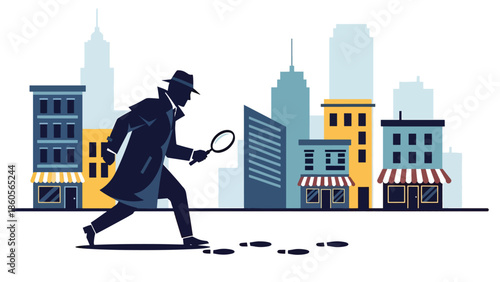 Modern vector illustration of detective following footprints in city street, crime investigation and pursuit concept