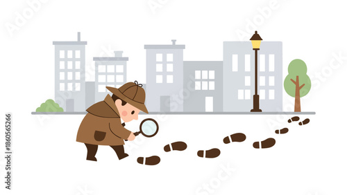 Modern vector illustration of detective following footprints in city street, crime investigation and pursuit concept