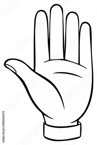 Open hand illustration in a stop gesture black and white line art symbol