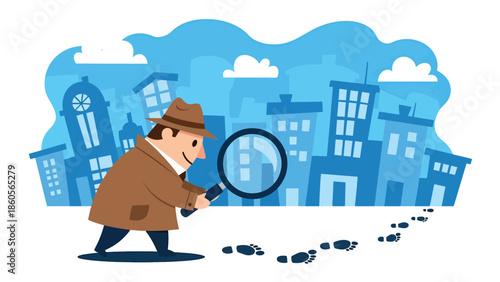 Modern vector illustration of detective following footprints in city street, crime investigation and pursuit concept