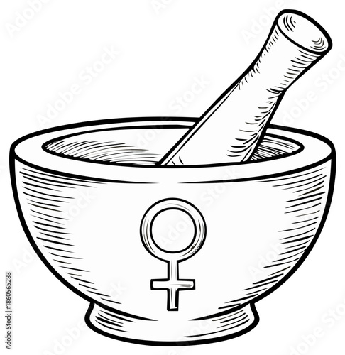 Traditional Mortar and Pestle with Female Symbol Illustration for Herbalism and Alchemy