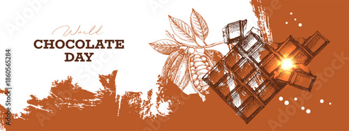 Hand drawn sketch cocoa chocolate product background. Vintage vector illustration of natural healthy food. Packaging design of cacao powder