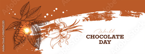 Hand drawn sketch cocoa chocolate product background. Vintage vector illustration of natural healthy food. Packaging design of cacao powder