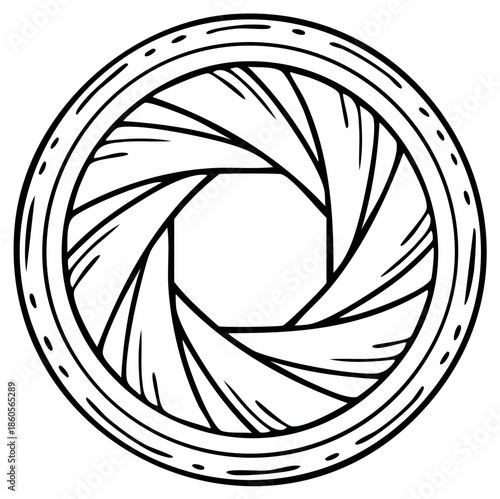 Abstract circular camera aperture diaphragm with swirling blades forming a geometric shape