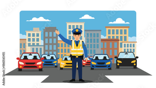 Modern vector illustration of police officer managing traffic, public safety and law enforcement control concept