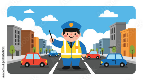 Modern vector illustration of police officer managing traffic, public safety and law enforcement control concept