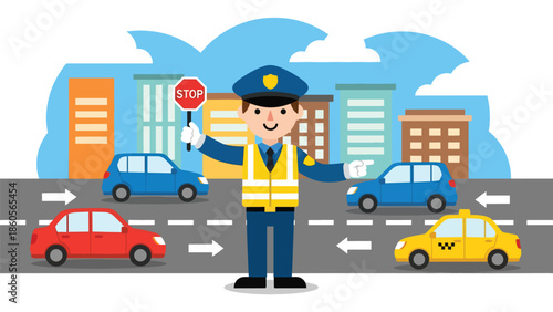 Modern vector illustration of police officer managing traffic, public safety and law enforcement control concept