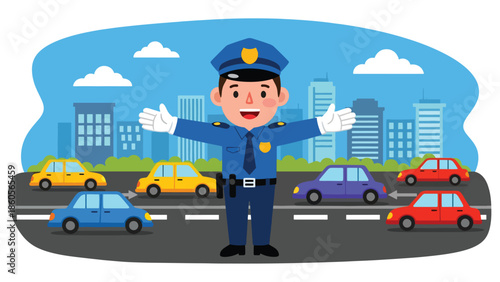 Modern vector illustration of police officer managing traffic, public safety and law enforcement control concept