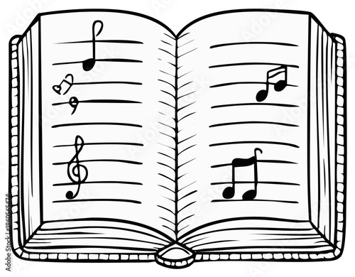 Open Music Book Illustration with Notes, Lines, and Clefs on Pages - Musical Design