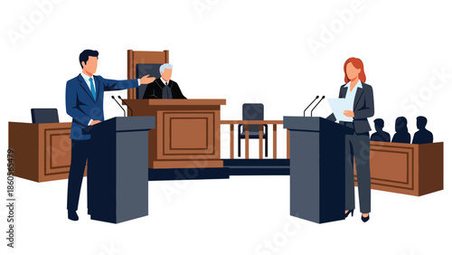 Modern vector illustration of courtroom trial with lawyers presenting case, criminal law and justice process concept