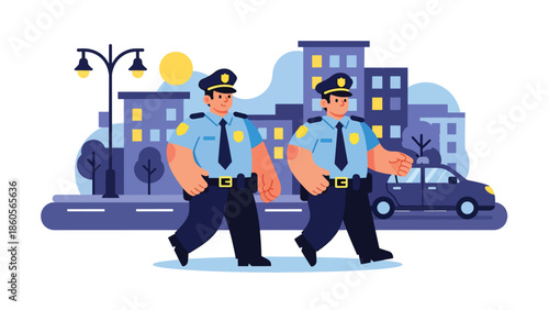 Modern vector illustration of police patrol walking city street at night, law enforcement presence and urban safety concept