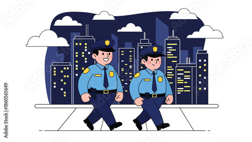 Modern vector illustration of police patrol walking city street at night, law enforcement presence and urban safety concept