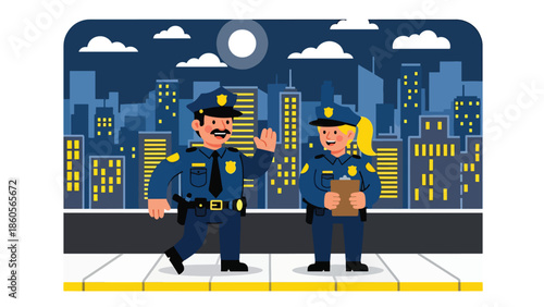 Modern vector illustration of police patrol walking city street at night, law enforcement presence and urban safety concept