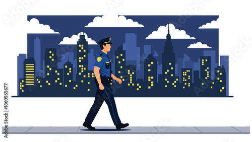Modern vector illustration of police patrol walking city street at night, law enforcement presence and urban safety concept