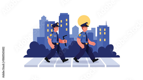 Modern vector illustration of police patrol walking city street at night, law enforcement presence and urban safety concept