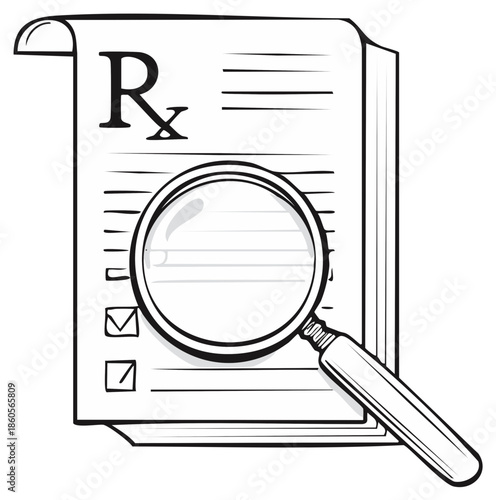 Magnifying Glass Over Prescription Document with Rx Symbol and Checkboxes