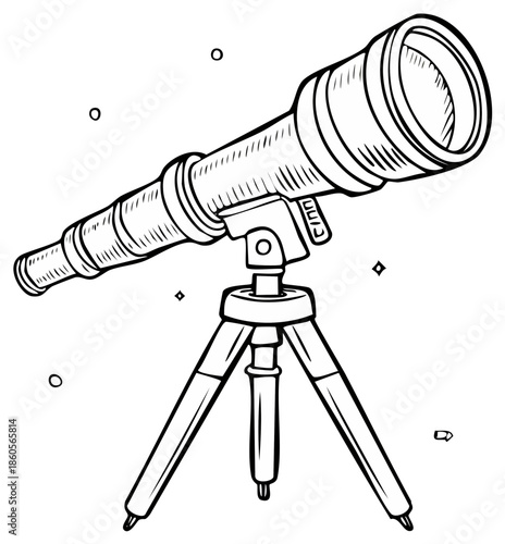 Hand drawn astronomical telescope on tripod for stargazing and scientific space observation
