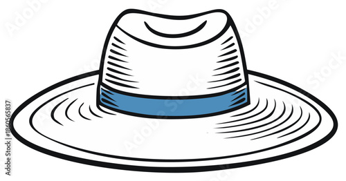 Elegant Wide Brimmed Fedora Hat Simple Line Art Illustration With Blue Hatband Isolated