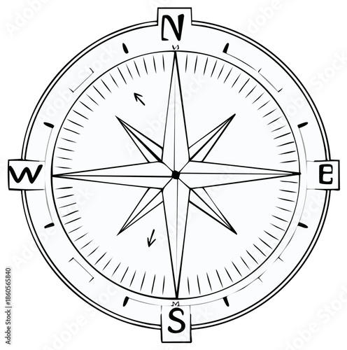 Illustration of a simple navigational compass in a clean outline style for wayfinding.