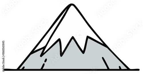 Simple line drawing of mountain with snowy peak on white, minimalist design, illustration for posters or logos, natural icon
