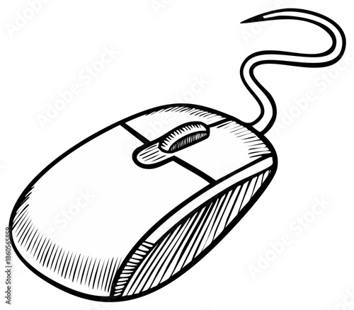 Hand drawn sketch of a computer mouse with a cord illustration