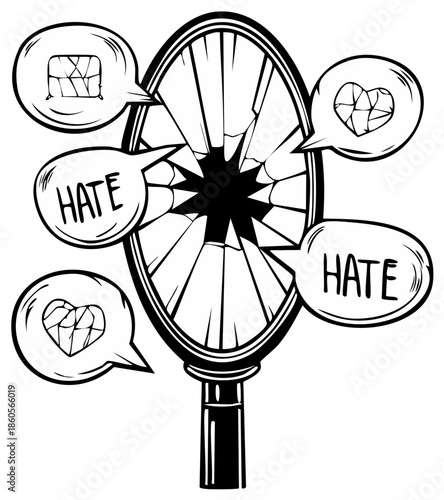 Broken Mirror Reflecting Negative Thoughts and Emotions in Speech Bubbles