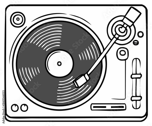 Record player illustration with vinyl record DJ setup turntable design graphic