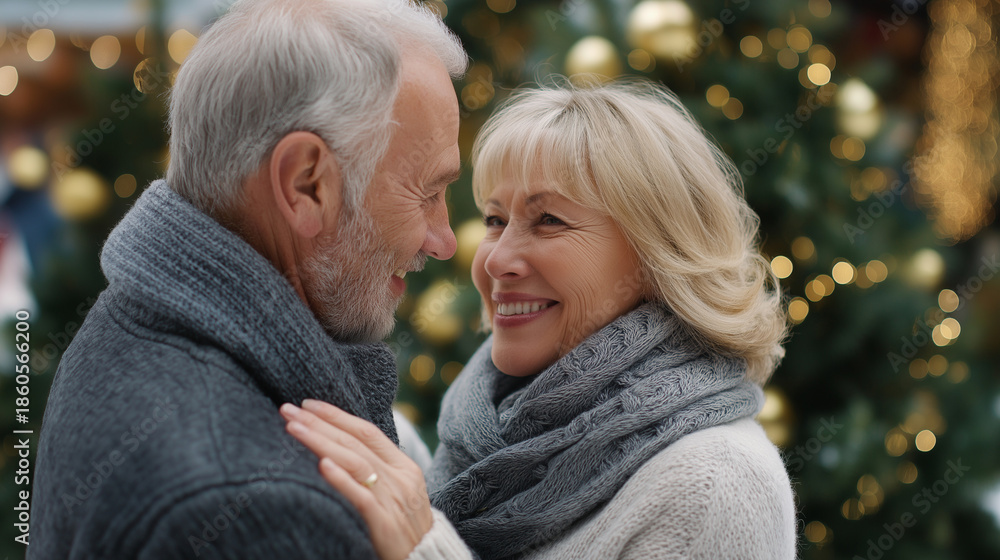 Fototapeta premium Senior couple celebrating holiday season in winter park faceless, seasonal celebration, outdoor festivity, romantic moment, defocused background, with copy space