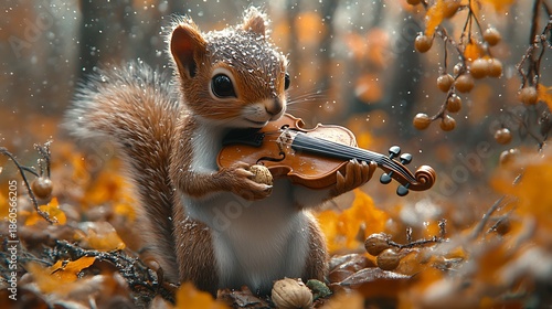 Squirrel playing violin autumnal forest scene