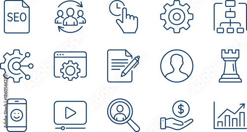 Business Marketing Icon Set Featuring Strategy Chess Piece, Target Analytics, Megaphone, Customer Satisfaction, Trophy, Retail Shop, Umbrella Protection, and Growth Data