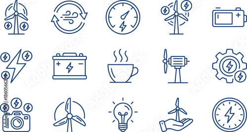 Renewable Wind Energy Icon Set Featuring Sustainable Turbines, Electric Power Batteries, Eco Friendly Solutions, Global Warming Prevention, Green Technology, and Innovation