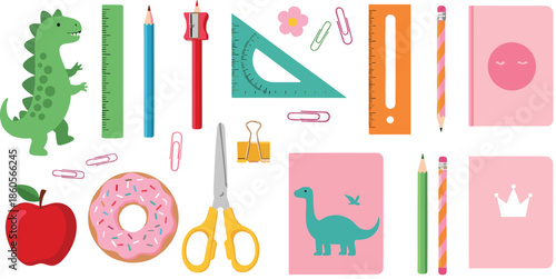 School stationery set featuring dinosaur notebooks pencils rulers scissors paper clips donut and apple for back to school education and student