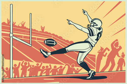 An American football player kicking a field goal in a packed stadium.