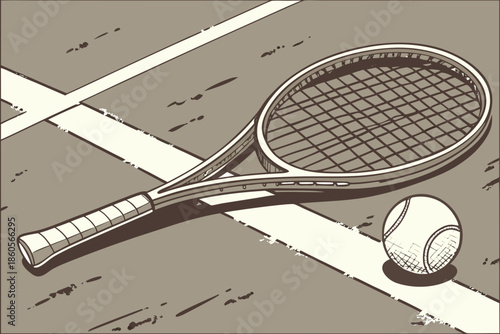 A vintage tennis racket and ball resting on an empty tennis court.