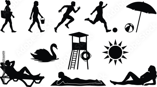 Beach, summer, holiday, vacation, silhouette, set, people, sunbathing, running, playing, soccer, leisure, outdoor, activities, lifeguard, tower, sun, umbrella, swan, lifestyle, vector, illustration,