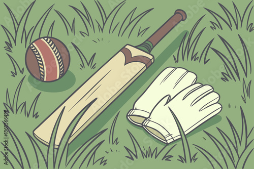 A wooden cricket bat, red ball, and white gloves lie ready on grass.