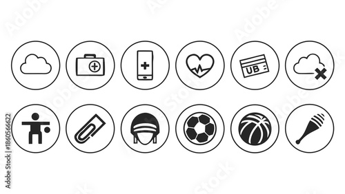 Twelve diverse icons represent cloud, medical, finance, sports, and office items.