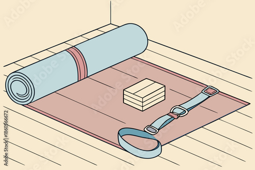 A rolled yoga mat, yoga block, and strap await an exercise session.