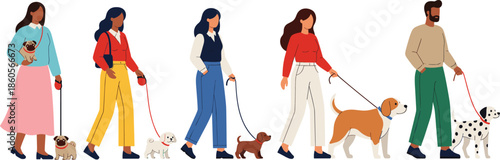 People walking dogs collection featuring diverse characters with various breeds like pug beagle and dalmatian for pet care animal lifestyle vector illustration.