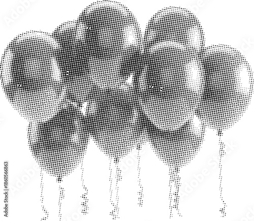 Modern Abstract Halftone Dot Ink Blot with Dripping Grunge Texture, balloons with ribbons