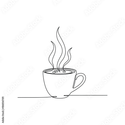 Minimalist line art drawing of a steaming coffee cup