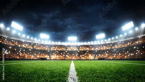 Football stadium illuminated at night with bright spotlights and filled spectator stands
