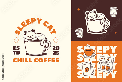Sleeping Cat Coffee Retro Mascot Logo for Cafe. Cartoon Character Vector Illustration in Vintage Style
