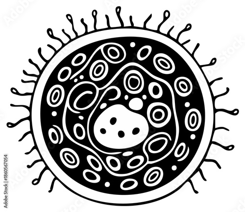 Hand-drawn illustration of a stylized cell or organism with intricate internal structures and cilia