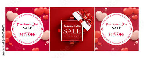 A romantic valentine's day sale with up to 70% off on gifts, featuring hearts and elegant designs