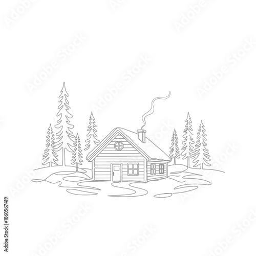 Rustic cabin in the woods sketch with smoke from chimney