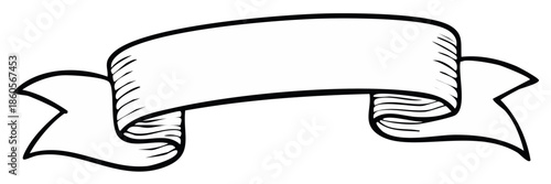 Blank banner ribbon graphic design element in black and white sketch style