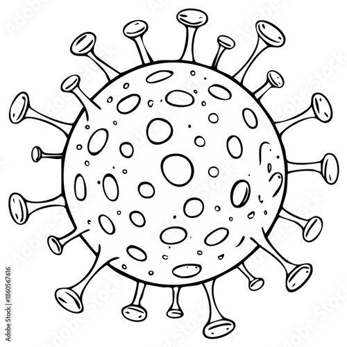 Detailed Line Art Rendering of Novel Coronavirus Viral Particle Morphology and Surface Proteins Illustration