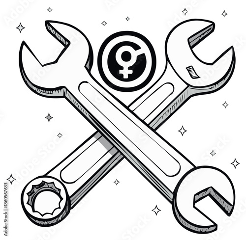 Female empowerment repair icon with crossed wrenches representing strength for women in mechanics