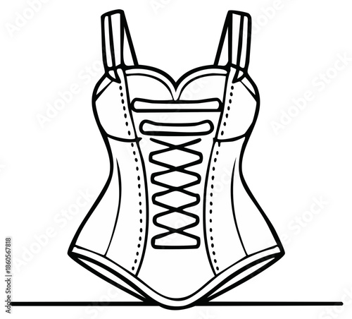 Line art illustration of a classic laced bodice, corsage, and lingerie top for fashion design and apparel concepts